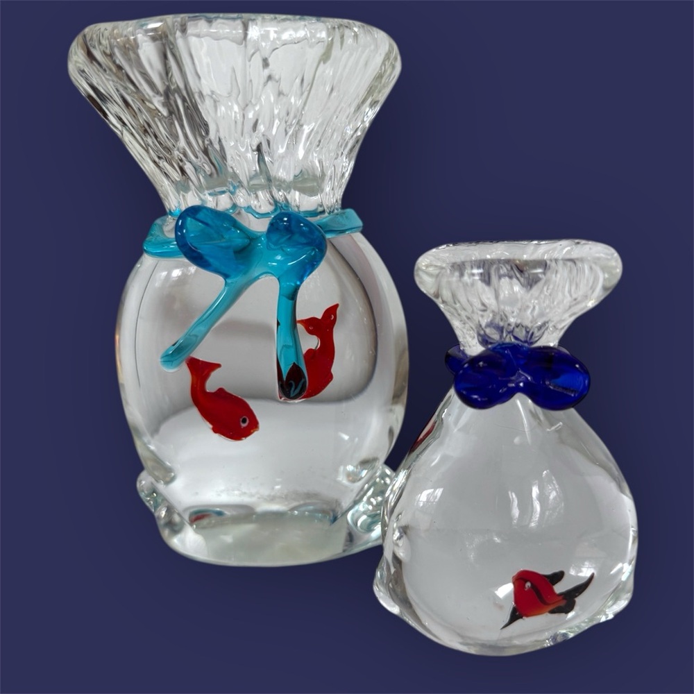 Murano Style blown art Glass Fish in bag Figurine Set with Blue Accents small